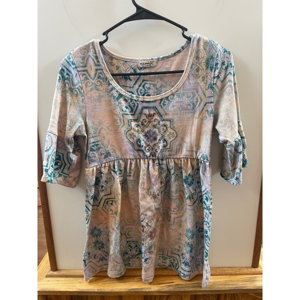 One World Tunic Top Women's Medium Multicolor Boho Empire Waist Bell Sleeve